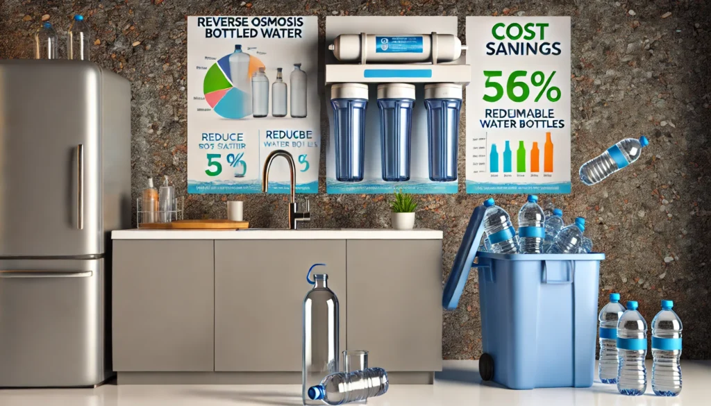 A hyper-realistic and educational image illustrating how reverse osmosis (RO) systems reduce dependency on bottled water. The scene shows a modern kitchen with an RO filtration system installed under the sink. On the counter, there is a glass pitcher filled with clean water and reusable water bottles being filled. In the background, a recycling bin overflowing with plastic bottles symbolizes the environmental impact of bottled water. Infographics highlight cost savings and environmental benefits, such as reduced plastic waste. The composition is clean, modern, and emphasizes sustainability.