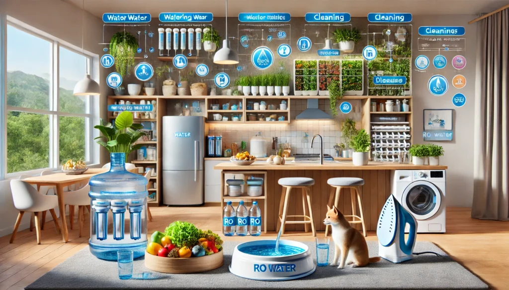A hyper-realistic and educational image illustrating the versatility of reverse osmosis (RO) systems beyond providing potable water. The scene features a modern home where RO water is used for various purposes: watering indoor plants, filling a pet’s water bowl, cleaning fruits and vegetables in the kitchen, and even in a steam iron for laundry. Each activity is clearly labeled with infographics highlighting the benefits of purified water for these applications. The setting is vibrant, clean, and emphasizes the multi-functional advantages of RO systems.