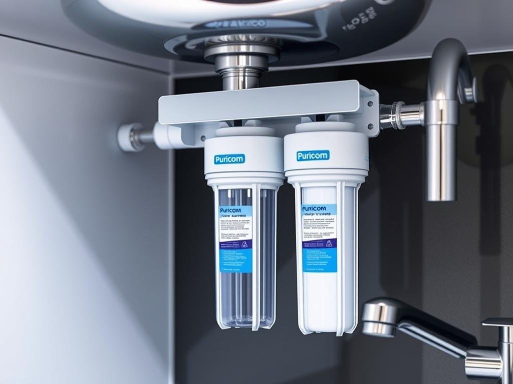 Sistema Puricom FT-LINE 3 con sus tres filtros y componentes instalados bajo fregadero